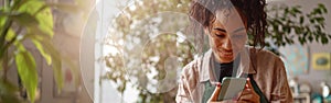 Smiling woman florist taking picture with her plants for publishing in social media