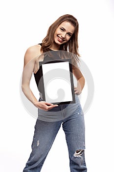 Smiling woman with frame for your text or image