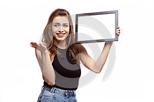 Smiling woman with frame for your text or image