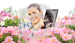 Smiling woman in garden of flowers daisies touch screen of digital tablet, spring concept and internet search