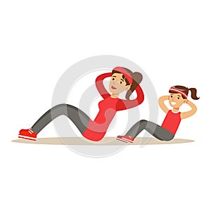 Smiling woman and girl swinging press, mom and daughter having good time together colorful characters vector