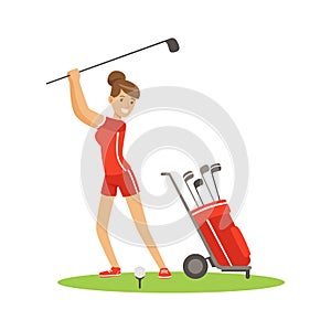 Smiling woman golfer in red uniform with golf equipment vector Illustration
