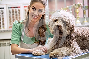 smiling woman and grooming dog. Dog gets hair cut at Pet Spa Grooming Salon. Closeup of Dog. the dog has a haircut