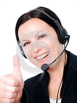 Smiling woman with headphone showing ok s