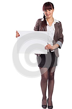 Smiling woman holding blank business sign board