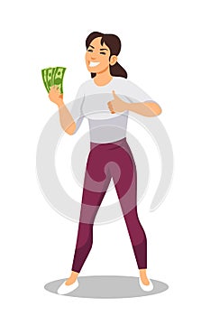 Smiling woman holding cash money, showing thumbs up sign