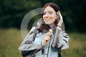 Smiling Woman Holding Dandelion Flowers Enjoying Rain Season