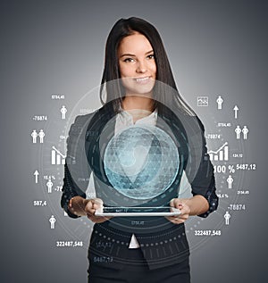 Smiling Woman holding digital network over tablet