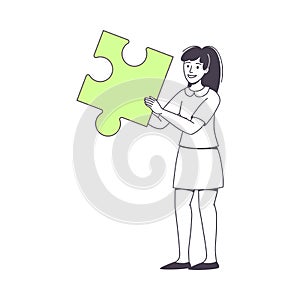 Smiling Woman Holding Green Jigsaw Puzzle as Mosaiced Piece for Logical Game Vector Illustration