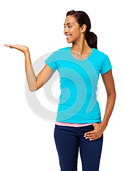 Smiling Woman Holding Invisible Product