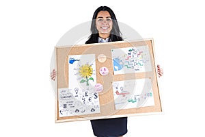 Smiling woman holding a noticeboard photo