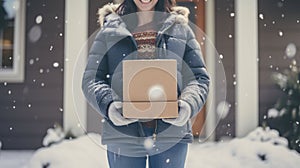 Smiling woman holding parcel box next to front door house entrance. Christmas