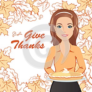 Smiling woman holding a pie for Thanksgiving