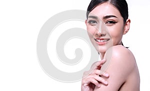Smiling woman isolated on white background. Asian happy girl looking at camera. Skin care face healthy young women in studio