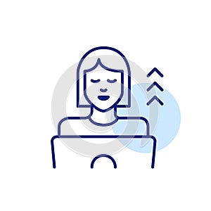Smiling woman at laptop and arrows up. Successful professional path. Pixel perfect, editable stroke icon