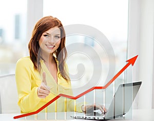 Smiling woman with laptop and growth chart