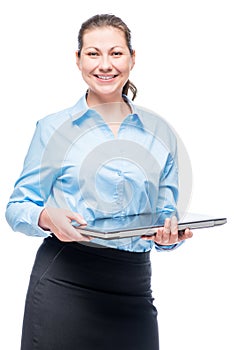 Smiling woman with laptop successful in business