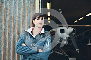 Smiling woman leaning against the hangar walls