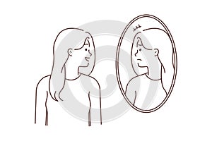 Smiling woman look in mirror see unhappy face