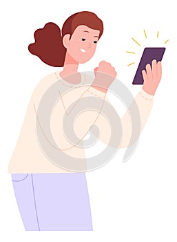 Smiling woman looking on phone. Good news concept