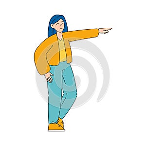 Smiling Woman Looking at Something Interesting Pointing Finger at It Vector Illustration