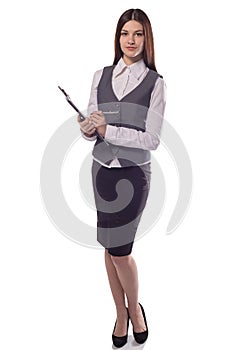 Smiling woman manager or teacher with clipboard isolated