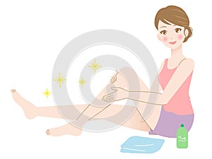 Smiling woman massaging her leg. theraputic relaxation illustration