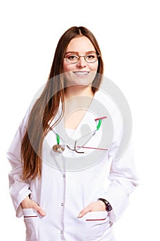 Smiling woman medical doctor with stethoscope.