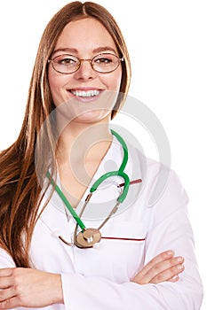 Smiling woman medical doctor with stethoscope.