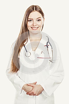 Smiling woman medical doctor with stethoscope.