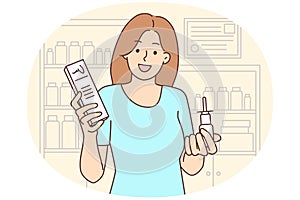 Smiling woman with meds in drugstore