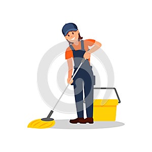 Smiling woman mopping floor. Young girl overall, cap and t-shirt. Flat vector element for advertising of cleaning