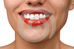 Smiling woman mouth with great white teeth