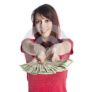 Smiling Woman Offering a Fan of 20 US Dollar Bills