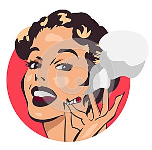 Smiling woman with open mouth. Okey fingers sign Speech bubble. Dots on the background. Vector image comics styled.