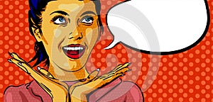 Smiling woman with open mouth. Surprised face with two hands near. Speech bubble. Dots on the background. Vector image comics styl