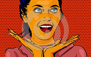 Smiling woman with open mouth. Surprised face with two hands near. Speech bubble. Dots on the background. Vector image comics styl