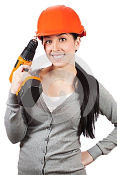 Smiling woman with orange hard hat. isolated