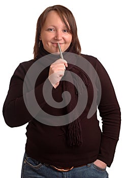 Smiling woman with pen