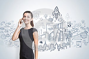 Smiling woman on phone, business plan