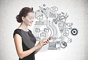 Smiling woman with phone, business plan