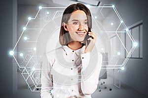 Smiling woman on phone in office, AI brain