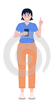 Smiling woman with phone raising finger up semi flat color vector character