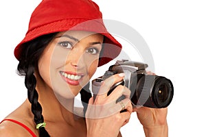 Smiling woman and photo camera