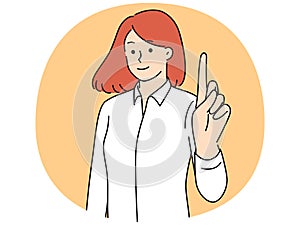 Smiling woman point finger up generate idea