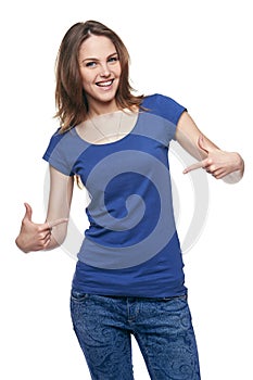 Smiling woman pointing at herself
