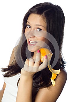 Smiling woman portrait with orange