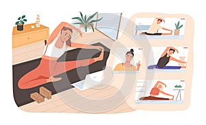 Smiling woman practicing online yoga classes at home vector flat illustration. Group of active female stretching on mat