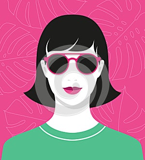 Smiling woman with purple sunglasses