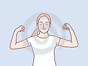 Smiling woman raising arm showing muscles stong pose simple korean style illustration